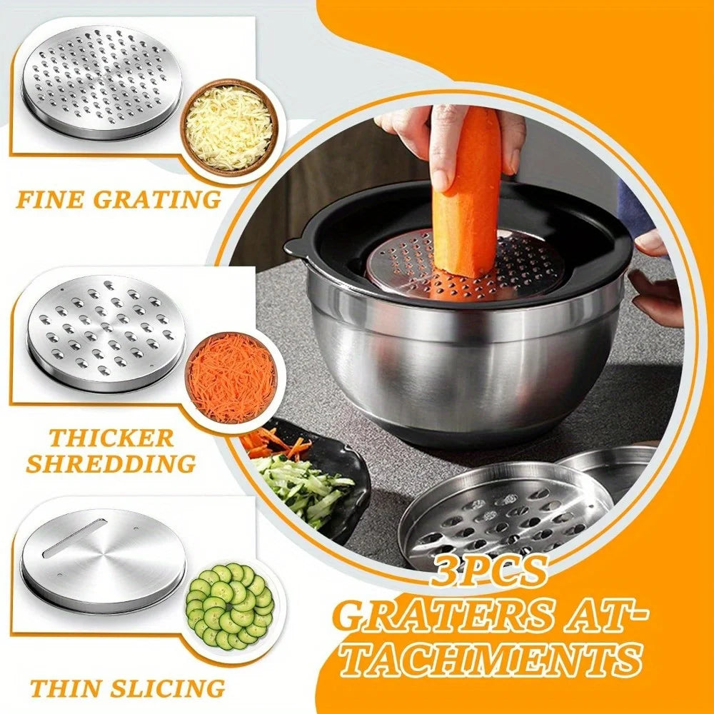 17pcs, Stainless Steel Mixing Bowl Set w/ Grater Attachment, non-stick