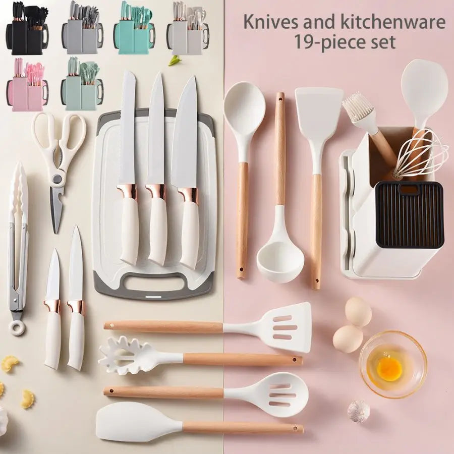 19 piece Silicone Kitchenware Set: Cooking Spoon, Shovel, Cutting Board, Fruit Knife, Chef Knife, Combination Set