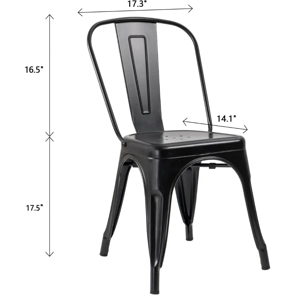Metal Dining Chair - Set of Four Stackable Indoor Outdoor Industrial Vintage Chairs, Black