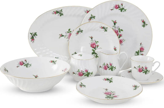 45 - Piece Vintage Rose Dinnerware Set - 24K Gold Trim, Embossed Floral  Swirl