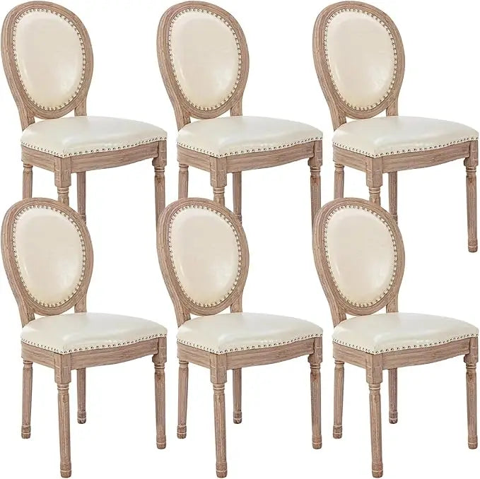French Country Dining Chairs Set of 6 - Vintage Louis Chairs with Curved Backrest and Beautifully Carved Solid Wood Frame