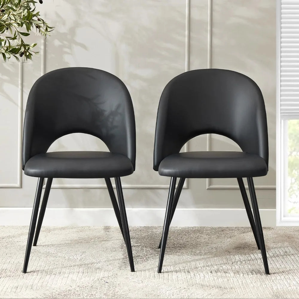 Comfortable Black Modern Leather Dining Chairs with Soft Cushion Seat and Sturdy Metal Legs