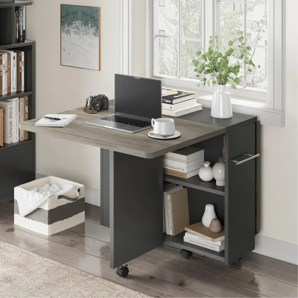 Space Saving Folding Dining Table with 2 Tier Storage-Extendable Drop Leaf