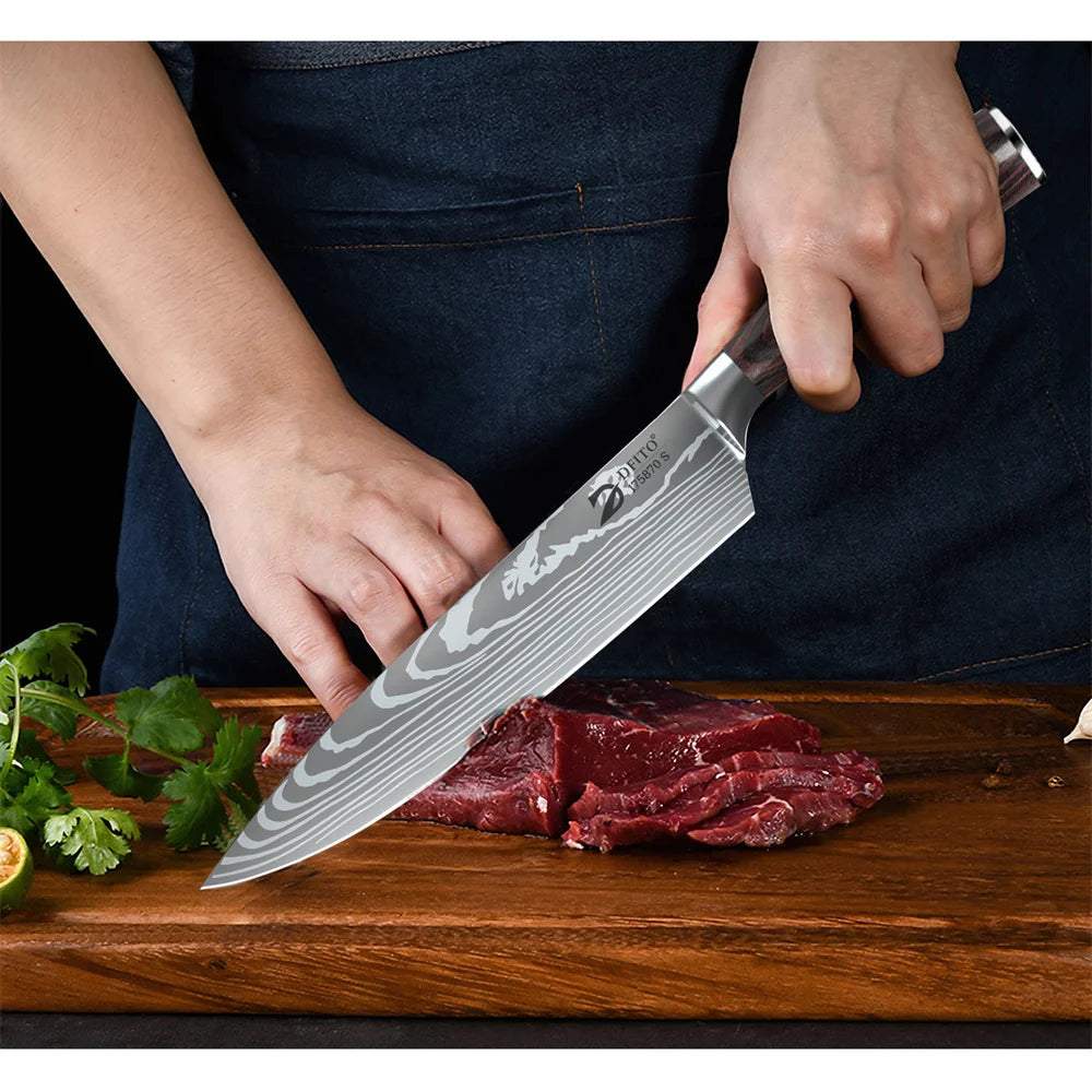 8 piece Kitchen Knives - Damascus Stainless Steel: Chef Knife, Utility, Paring, Boning, Cleaver, Slicing Santoku, Includes Professional Carrying Bag