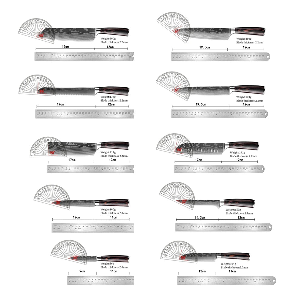 8 Piece Kitchen Knife Set: Damascus Stainless Steel, Chef, Slicing, Meat Cleaver, Utility, Paring, Bread Knife