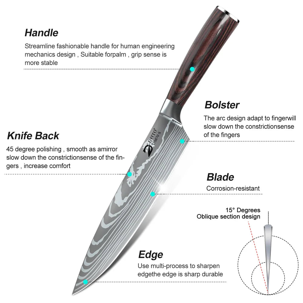 8 piece Kitchen Knives - Damascus Stainless Steel: Chef Knife, Utility, Paring, Boning, Cleaver, Slicing Santoku, Includes Professional Carrying Bag