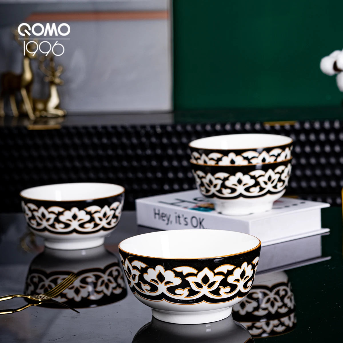 12/20/30/40 Piece Porcelain Tableware sets for 4/6/8 People - Combination Golden Border Floral Stamen Pattern, Glazed Craftsmanship