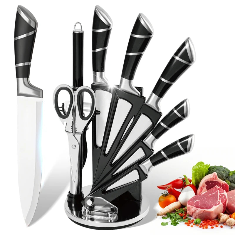 Beautiful Kitchen Knife Set: 9pc Stainless Steel Non-Stick Coated Chef Knives with Sharpener and Stand - 3 color choices