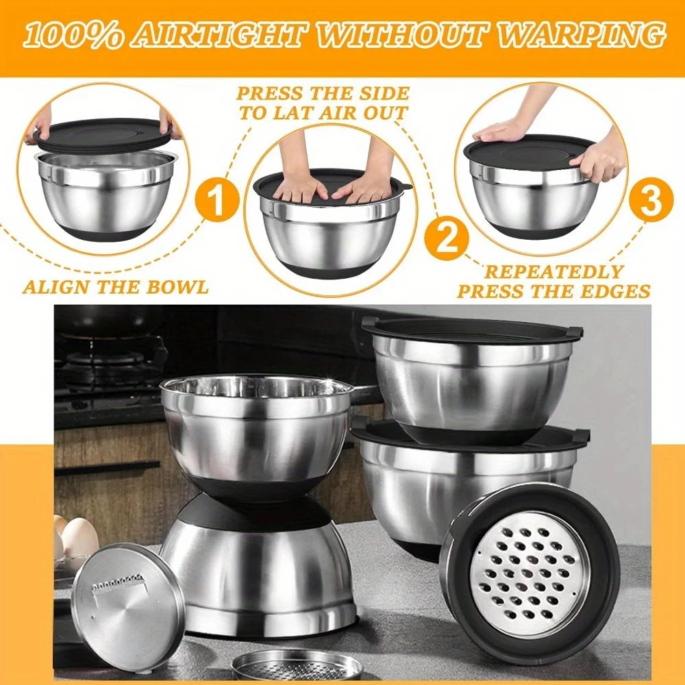 17pcs, Stainless Steel Mixing Bowl Set w/ Grater Attachment, non-stick