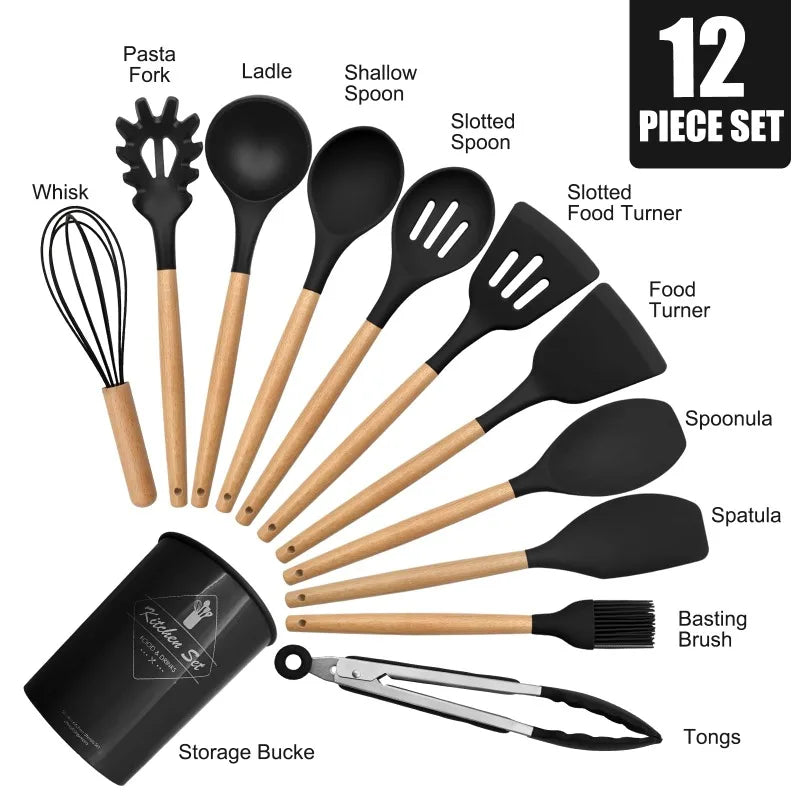12 Silicone Kitchen Utensils with Solid Wood Handles, and a Holder Bucket - Multiple Color Options