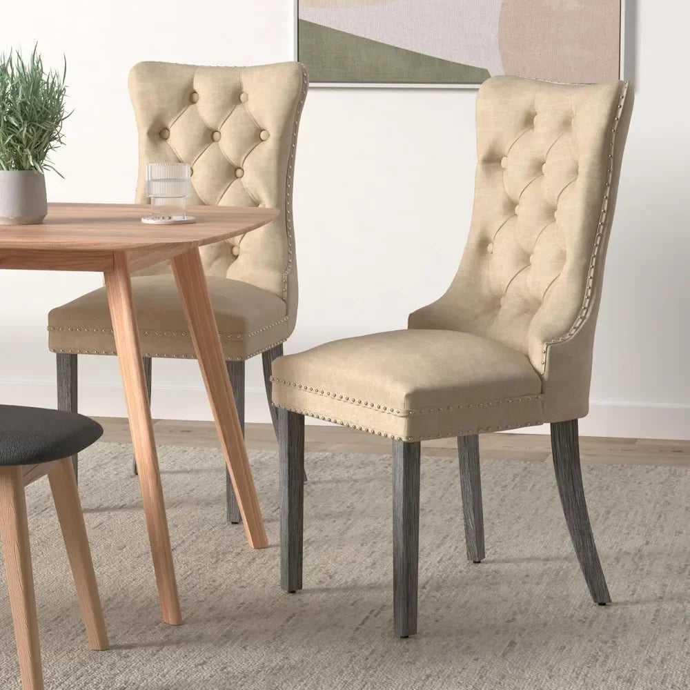 Leather Dining Chairs Set of 6, Luxury Wingback Upholstered Dining Chairs with Nailhead Trim and Solid Wood Legs, 10 Color Choices