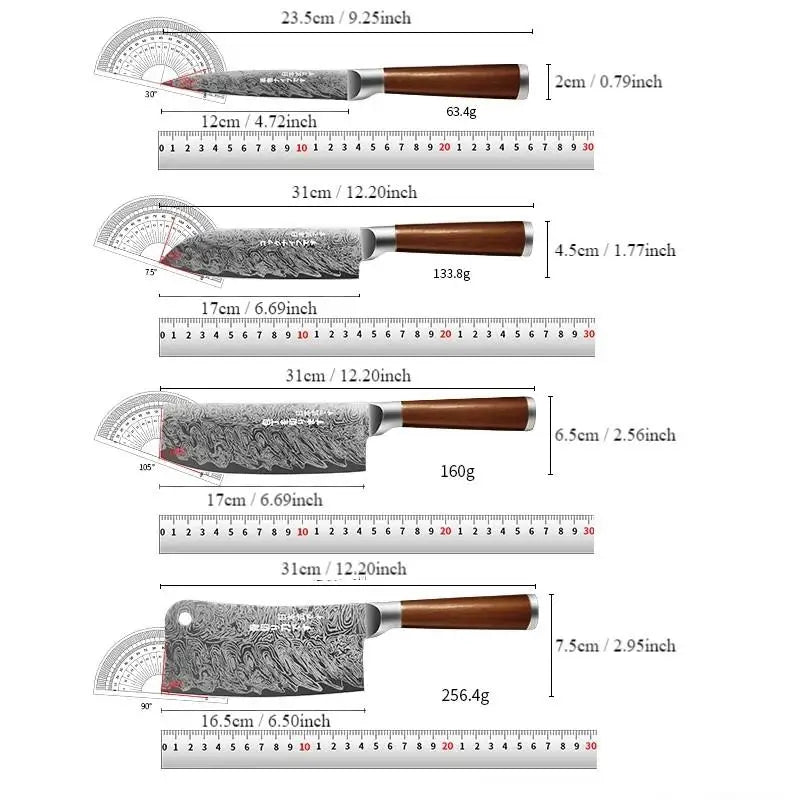 Japanese 4-Piece Damascus Kitchen Knife Set - Stainless Steel Chefs Knives, Home and Restaurant Use