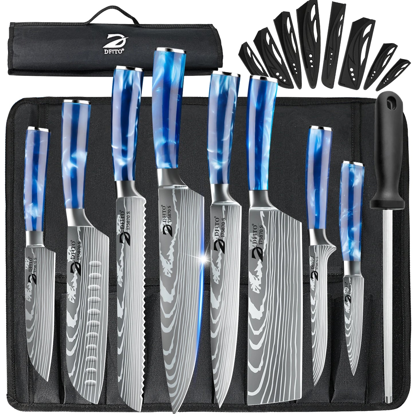 8pc German Damascus Chef's Knives Set: Utility, Sharpener, Boning Knife, Cleaver, Meat, Fruit, Bread Knife,  Japanese Santoku Knife with Covers -- Comes with Carrying Bag