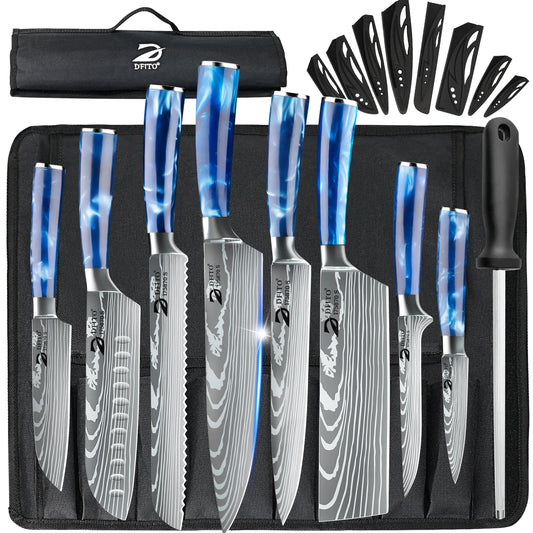 8pc German Damascus Chef's Knives Set: Utility, Sharpener, Boning Knife, Cleaver, Meat, Fruit, Bread Knife,  Japanese Santoku Knife with Covers -- Comes with Carrying Bag
