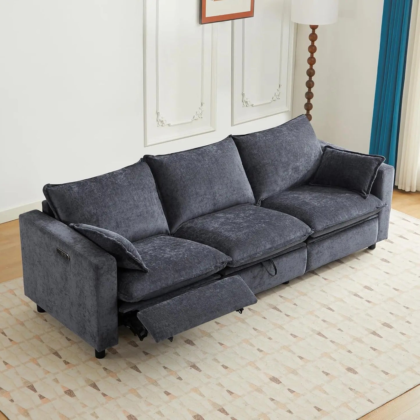 Oversized Power Reclining Sofa - Grey or Cream Cloud Chenille with Adjustable Headrest, Pillows & Hidden Storage