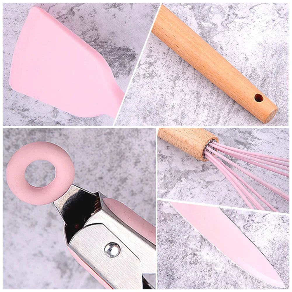 20 Piece Silicone Kitchen Set: 5 Knives, 9 Silicone Wooden Handle Tools, All Non Stick: Includes Tongs, Wisk, Scissors, Peeler
