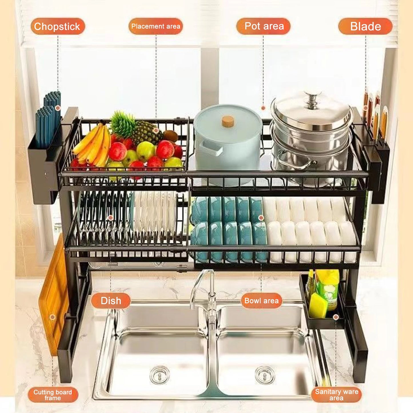 2 Tier Kitchen Storage Shelf -  Above Sink, Adjustable Draining Rack, Multifunctional Organizer