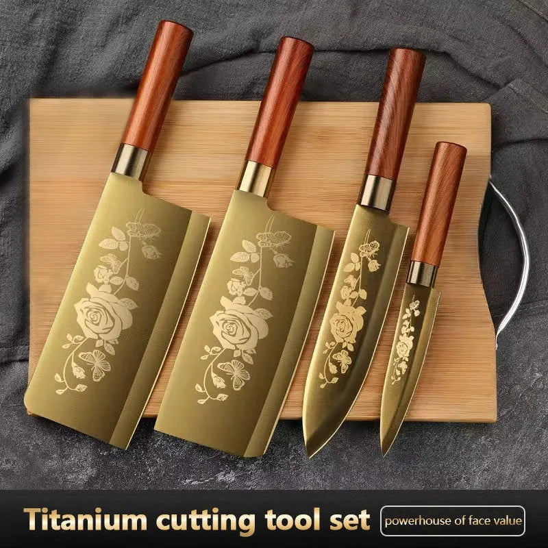 4-Piece Titanium-Coated Kitchen Knife Set - Sharp, Durable, Perfect for Cutting Meat and Bones, Commercial kitchen and Home Cooks