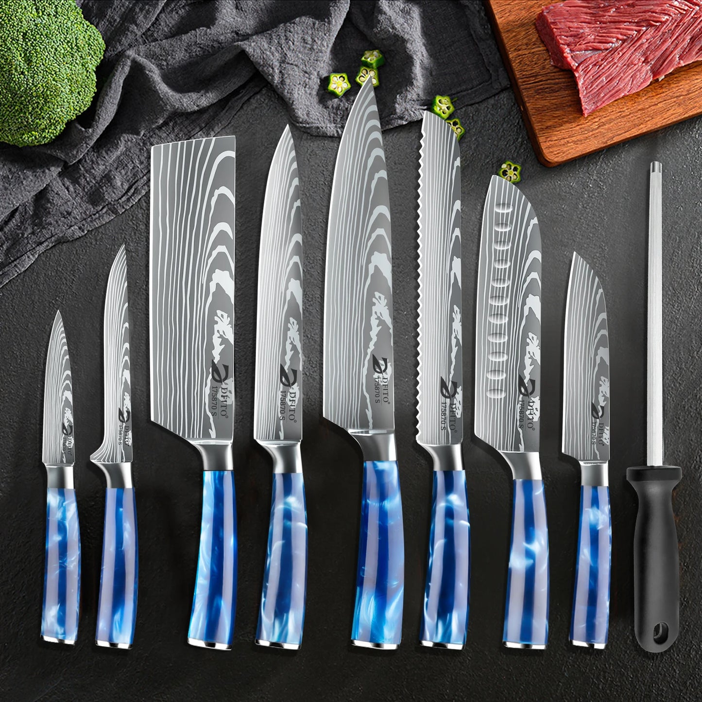 8pc German Damascus Chef's Knives Set: Utility, Sharpener, Boning Knife, Cleaver, Meat, Fruit, Bread Knife,  Japanese Santoku Knife with Covers -- Comes with Carrying Bag
