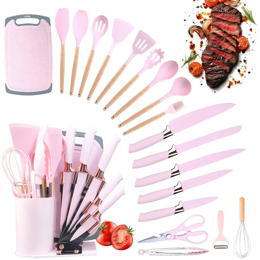 20 Piece Silicone Kitchen Set: 5 Knives, 9 Silicone Wooden Handle Tools, All Non Stick: Includes Tongs, Wisk, Scissors, Peeler