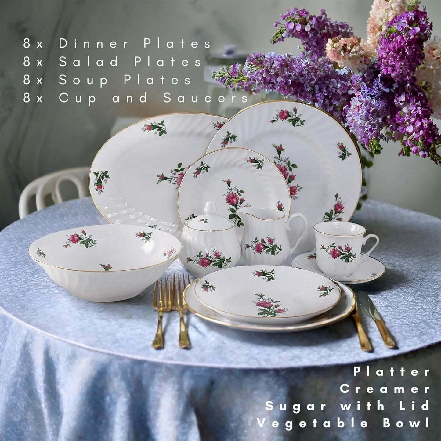 45 - Piece Vintage Rose Dinnerware Set - 24K Gold Trim, Embossed Floral  Swirl