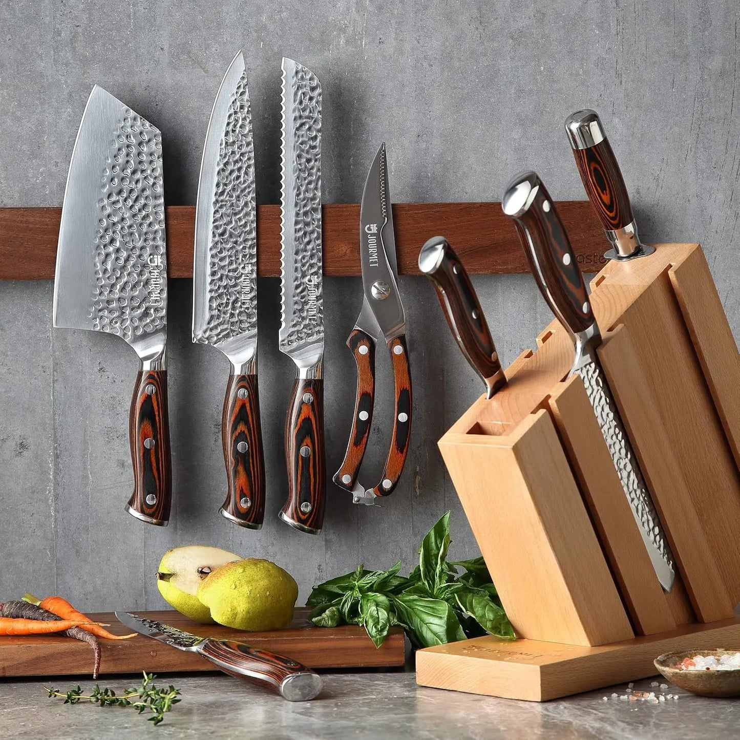 9pc High Carbon Damascus Stainless Steel Knife Set with Pakka Wood Handle and Beech Wood Block