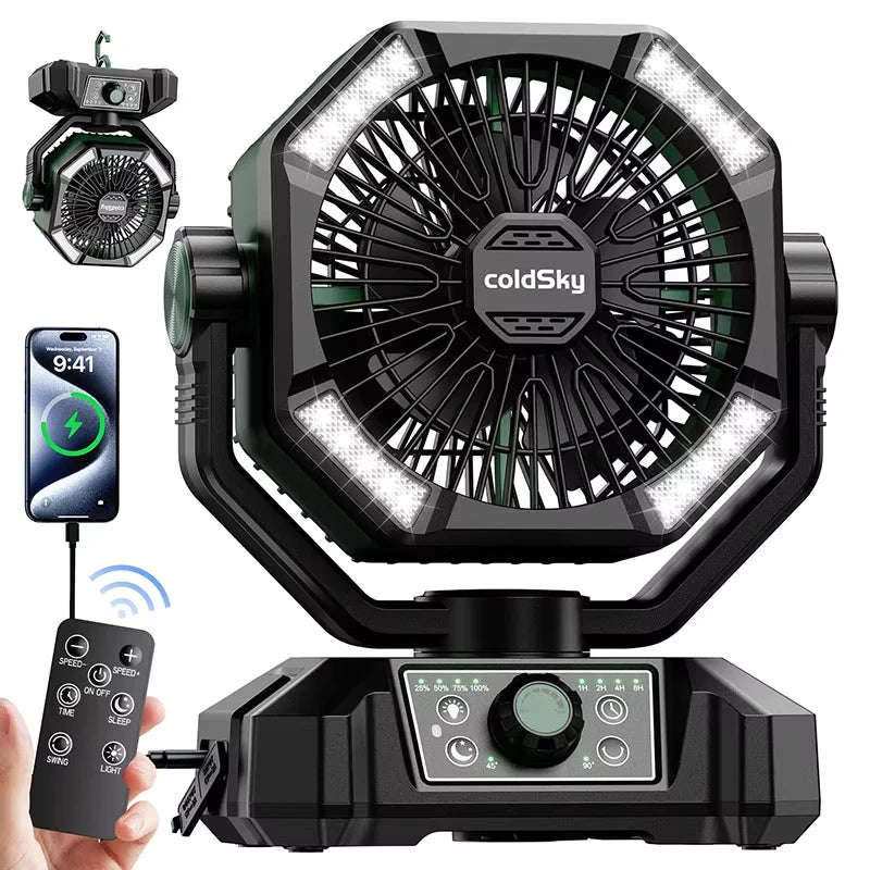 Outdoor Camping, Fishing etc., Fan with 4 LED Lantern, 8 Speeds, Auto-off Timer 20000mAh Battery