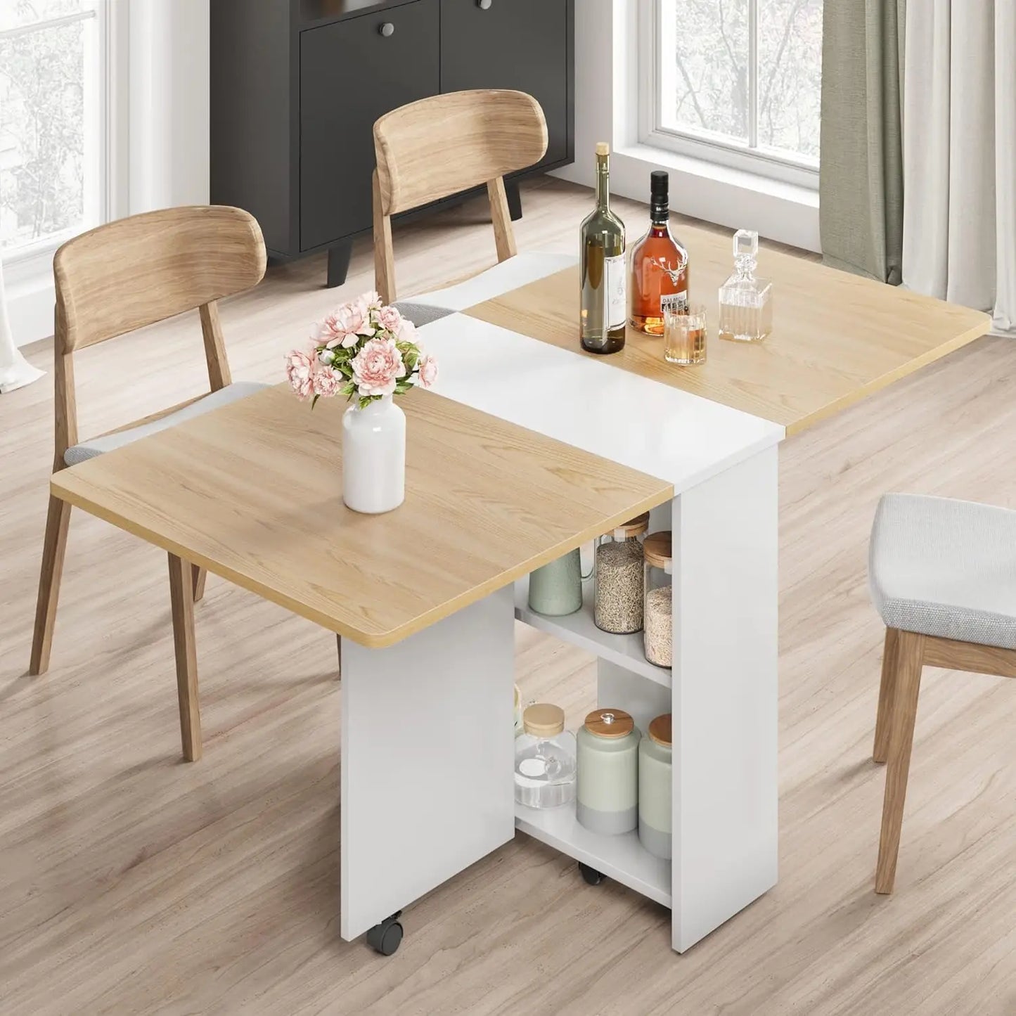 Space Saving Folding Dining Table with 2 Tier Storage-Extendable Drop Leaf