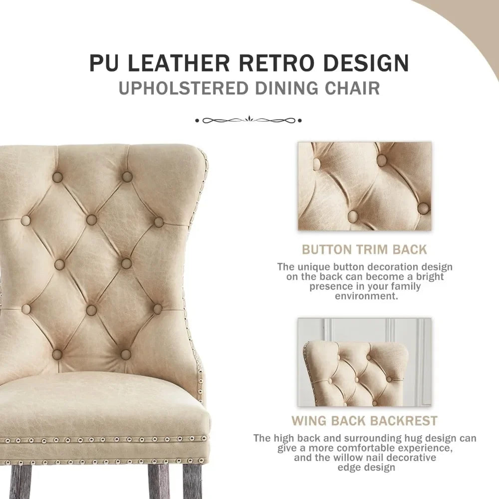 Leather Dining Chairs Set of 6, Luxury Wingback Upholstered Dining Chairs with Nailhead Trim and Solid Wood Legs, 10 Color Choices