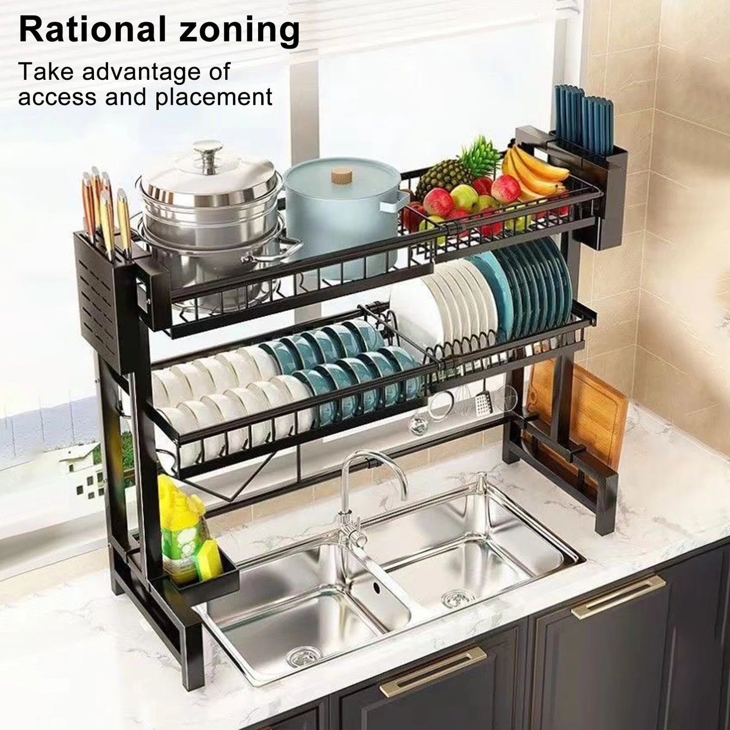 2 Tier Kitchen Storage Shelf -  Above Sink, Adjustable Draining Rack, Multifunctional Organizer