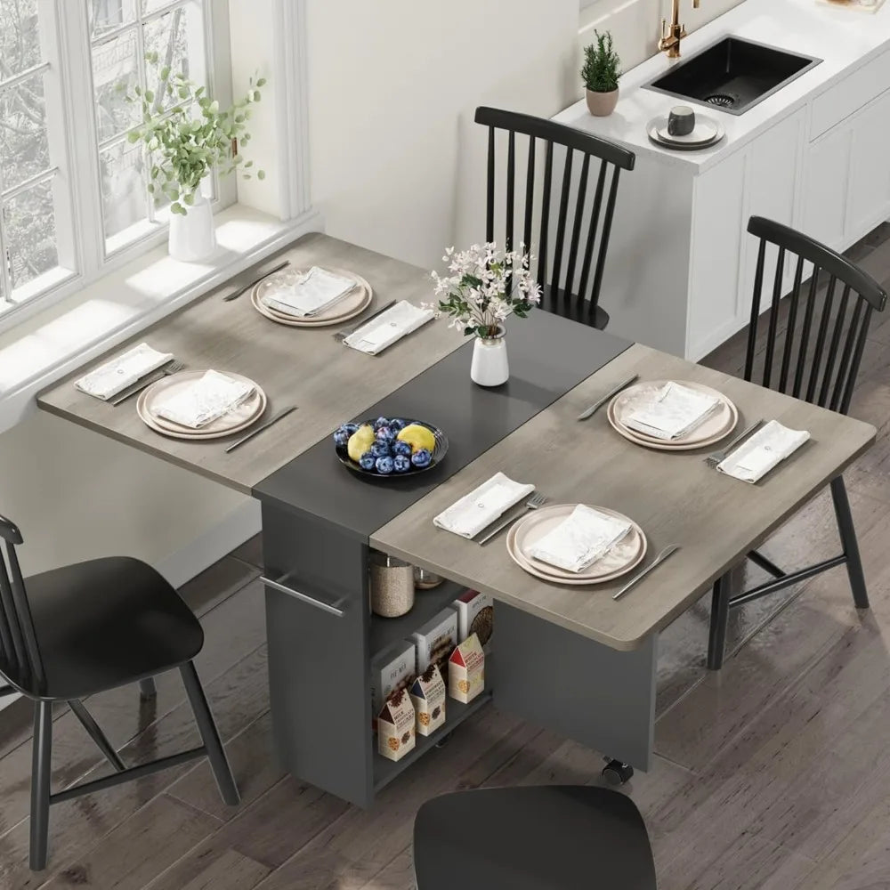 Space Saving Folding Dining Table with 2 Tier Storage-Extendable Drop Leaf