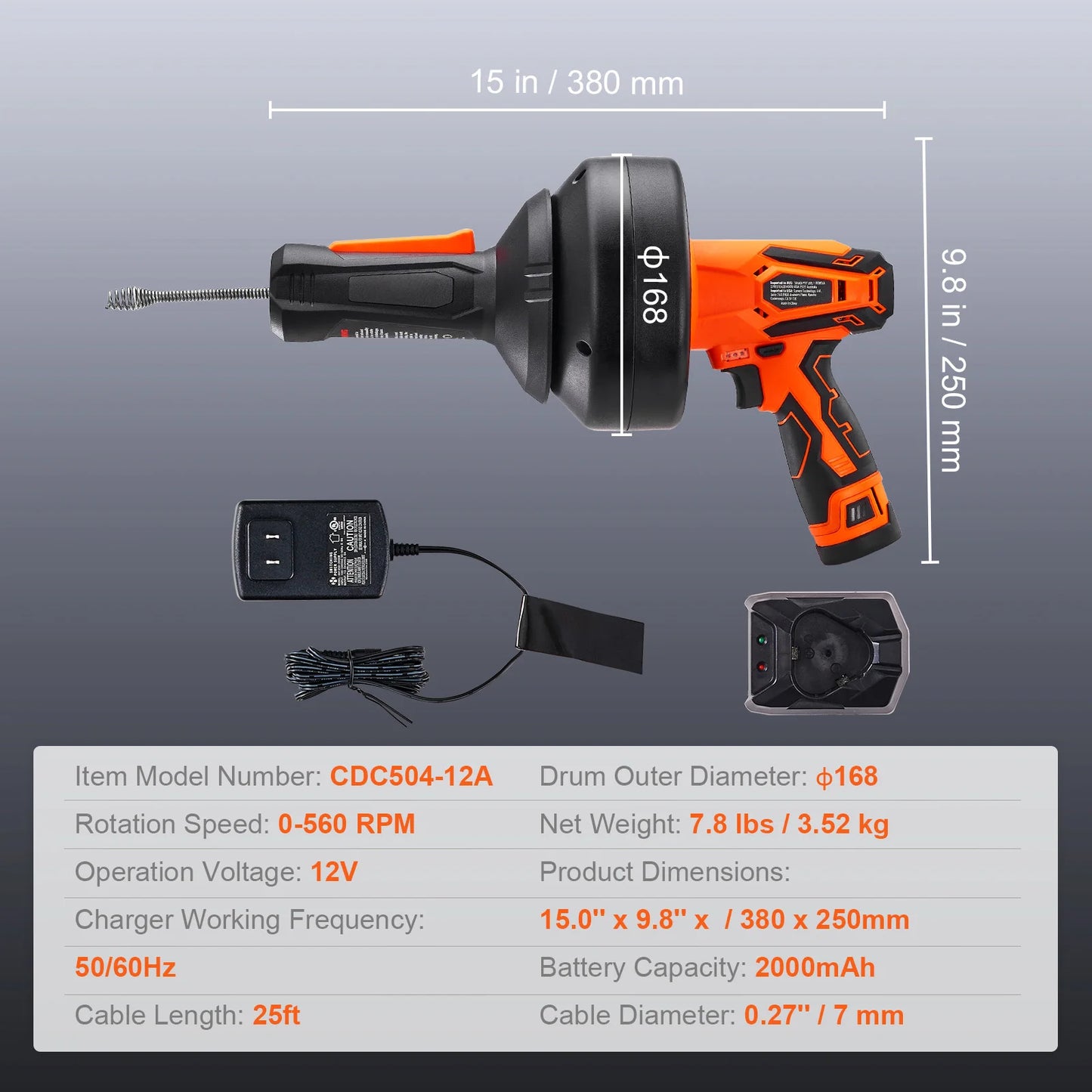 12V Electric Drain Auger 25FT Cordless Plumbing Snake: Auto Feed Pipeline Drain Clog Remover, 2.0Ah Battery Charger