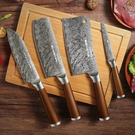 Japanese 4-Piece Damascus Kitchen Knife Set - Stainless Steel Chefs Knives, Home and Restaurant Use