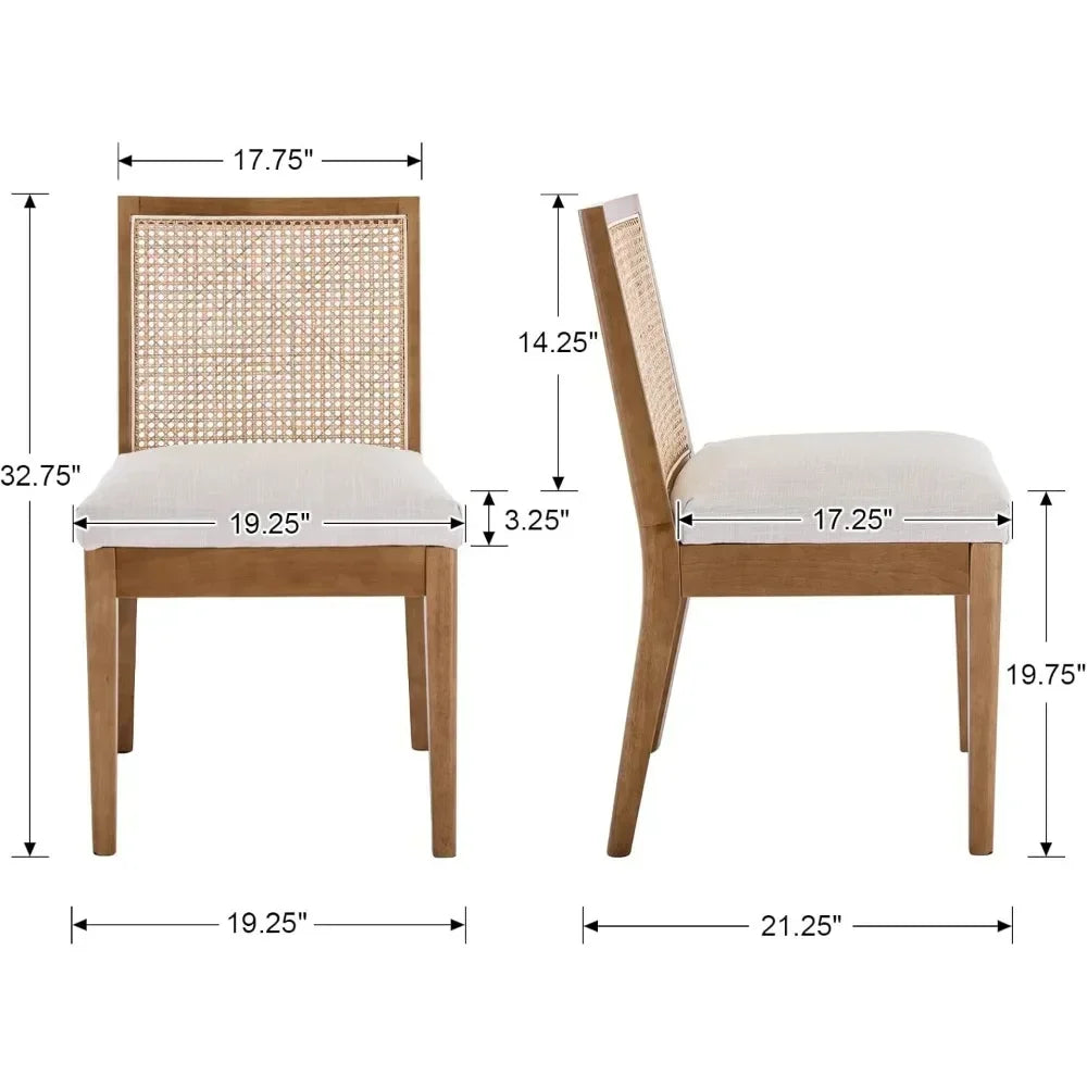 Upholstered Natural Wood Rectangle Cane Country Farmhouse Rattan Dining Chairs - Set of 6