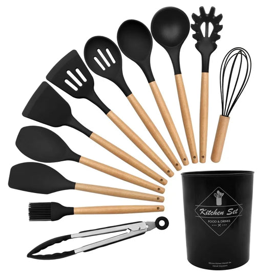 12 Silicone Kitchen Utensils with Solid Wood Handles, and a Holder Bucket - Multiple Color Options
