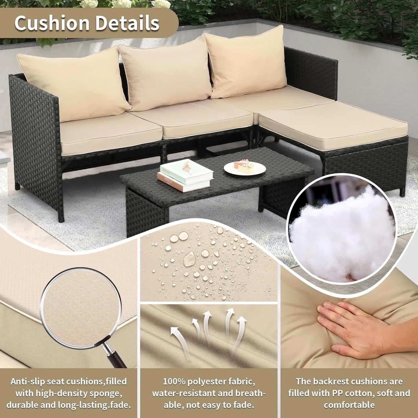 3-Piece Black Wicker PE Rattan Patio Furniture Set - Khaki Cushions