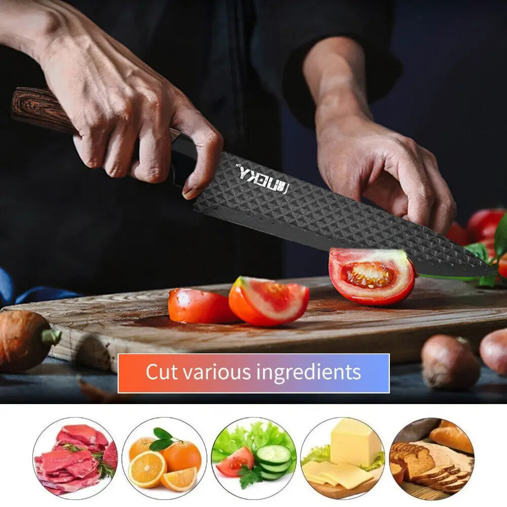 Stainless Steel Kitchen Knives Set with Non-stick Coating: Forged Kitchen Knife, Scissors, Vegetable Peeler, Slicer, Paring Knife; Sophisticated Diamond Pattern