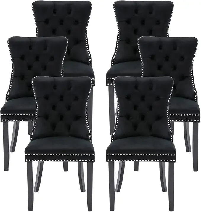 Leather Dining Chairs Set of 6, Luxury Wingback Upholstered Dining Chairs with Nailhead Trim and Solid Wood Legs, 10 Color Choices
