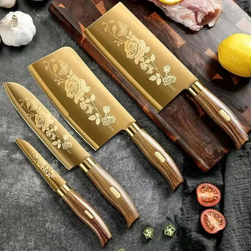 4-Piece Titanium-Coated Kitchen Knife Set - Sharp, Durable, Perfect for Cutting Meat and Bones, Commercial kitchen and Home Cooks