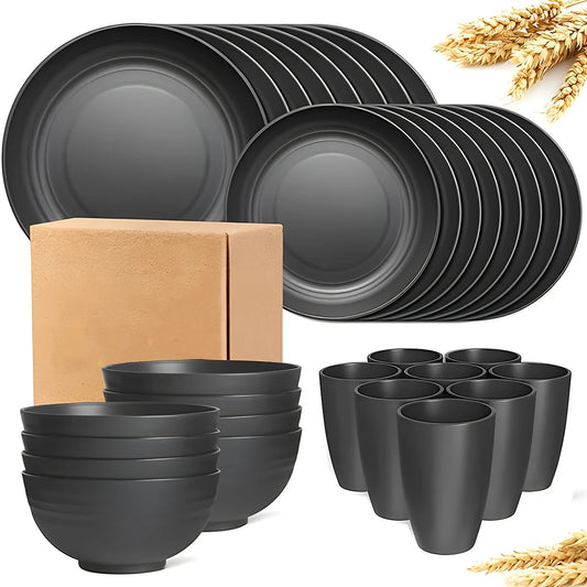 16/32pcs Tableware Set, Include Plates, Bowls Cups. Black