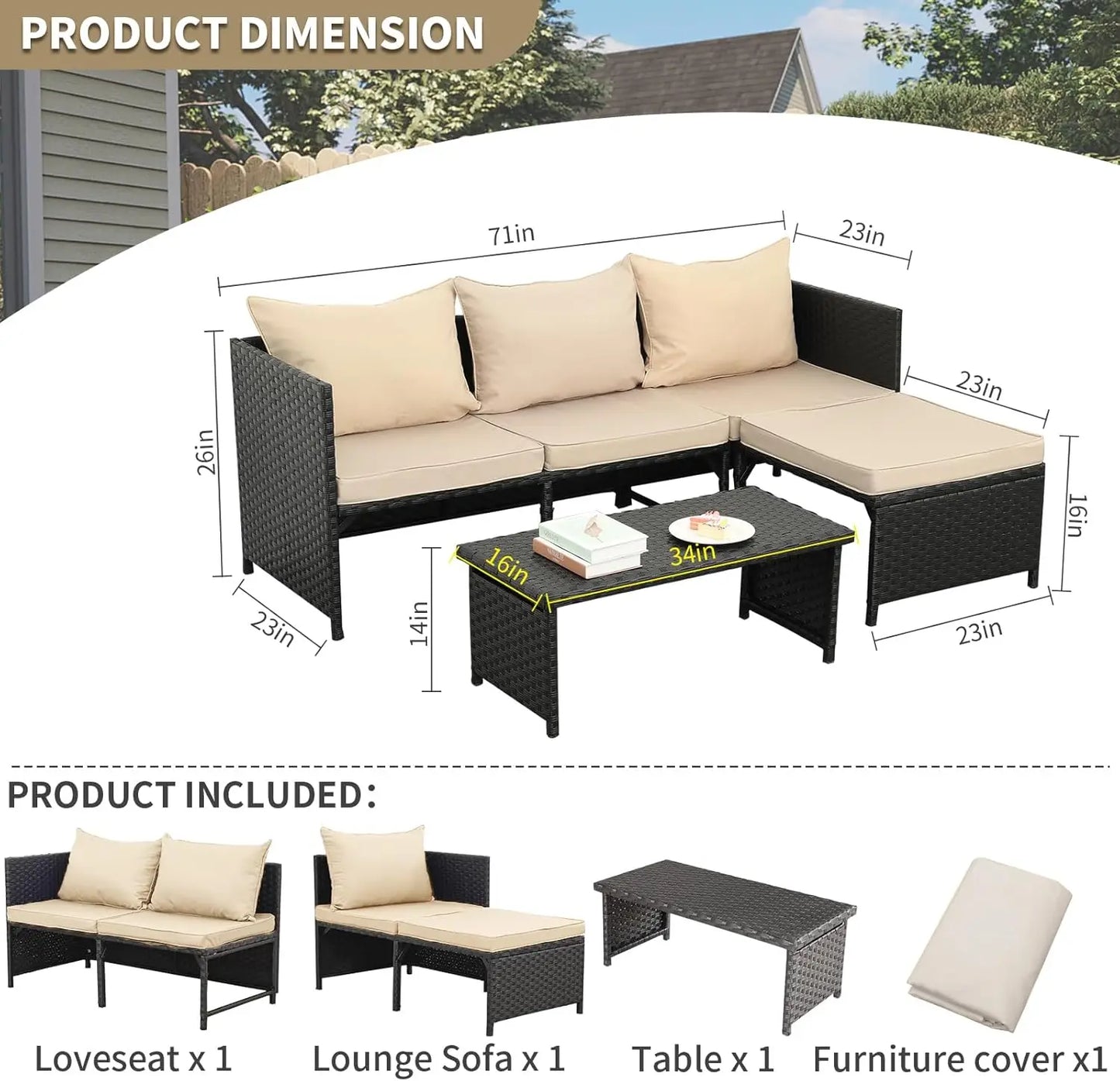 3-Piece Black Wicker PE Rattan Patio Furniture Set - Khaki Cushions
