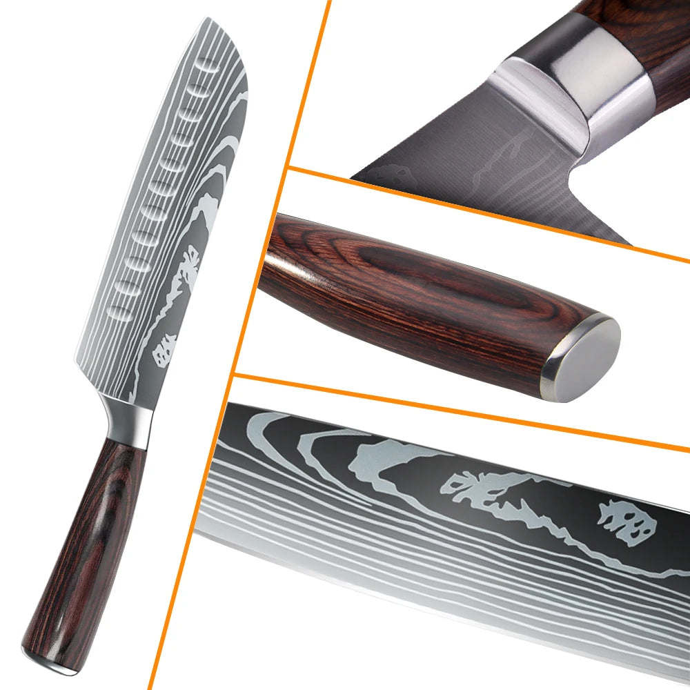 8 Piece Kitchen Knife Set: Damascus Stainless Steel, Chef, Slicing, Meat Cleaver, Utility, Paring, Bread Knife