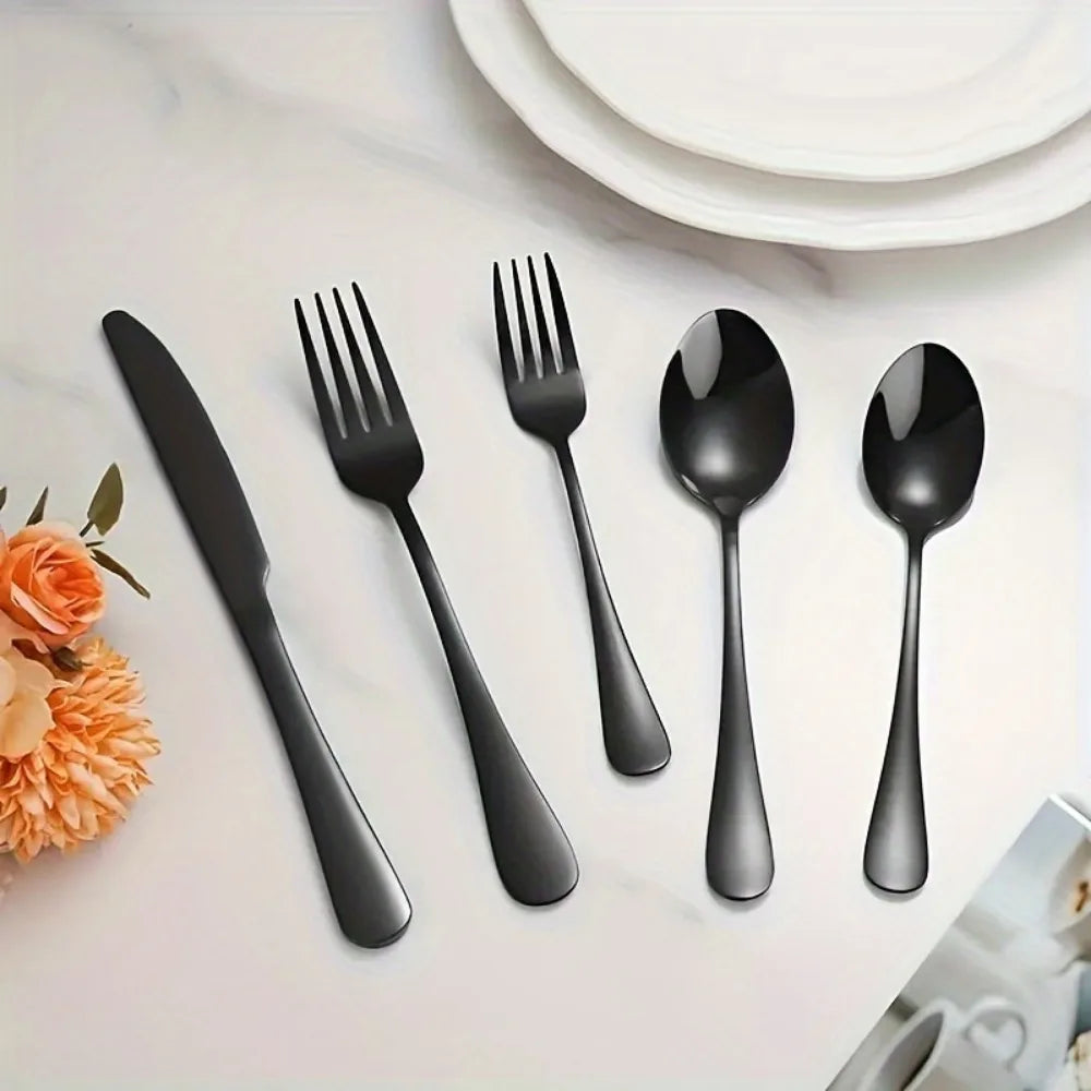 60pcs, Stainless Steel Flatware Set - Black, Mirror Polished Cutlery Set, Dishwasher Safe, also comes in silver and gold