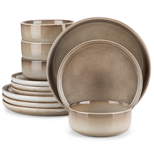 12/24 Piece Elegant Brown Reactive Glaze Stoneware Set with Dinner plate/Dessert Plate/Cereal Bowls