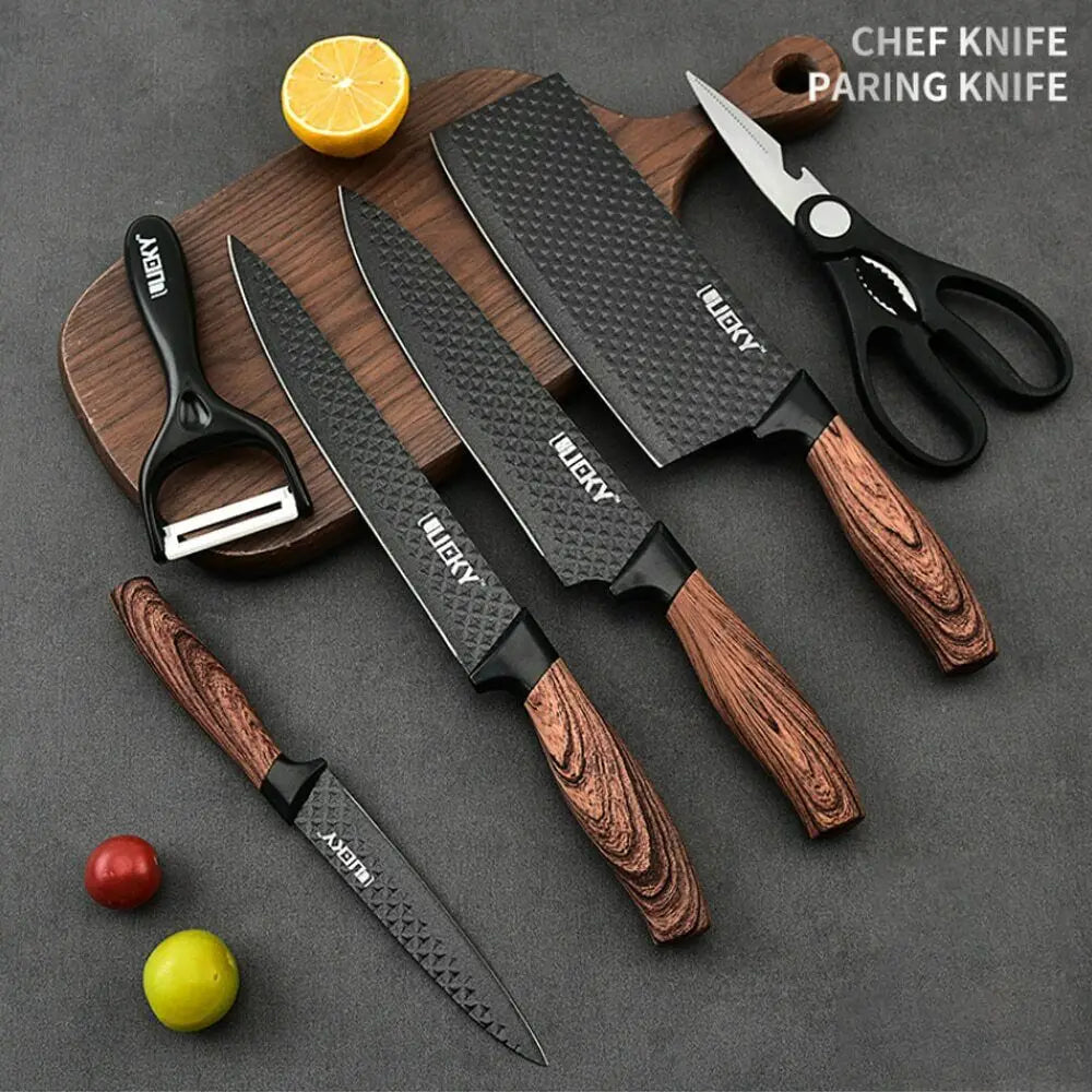 Stainless Steel Kitchen Knives Set with Non-stick Coating: Forged Kitchen Knife, Scissors, Vegetable Peeler, Slicer, Paring Knife; Sophisticated Diamond Pattern