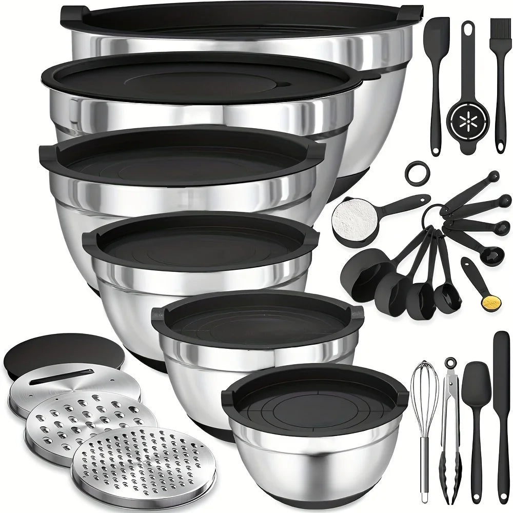 17pcs, Stainless Steel Mixing Bowl Set w/ Grater Attachment, non-stick