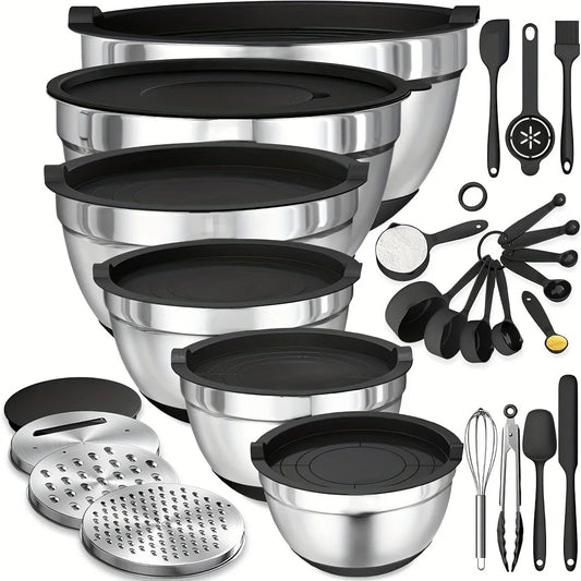 17pcs, Stainless Steel Mixing Bowl Set w/ Grater Attachment, non-stick