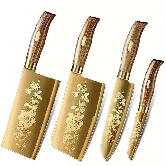 4-Piece Titanium-Coated Kitchen Knife Set - Sharp, Durable, Perfect for Cutting Meat and Bones, Commercial kitchen and Home Cooks