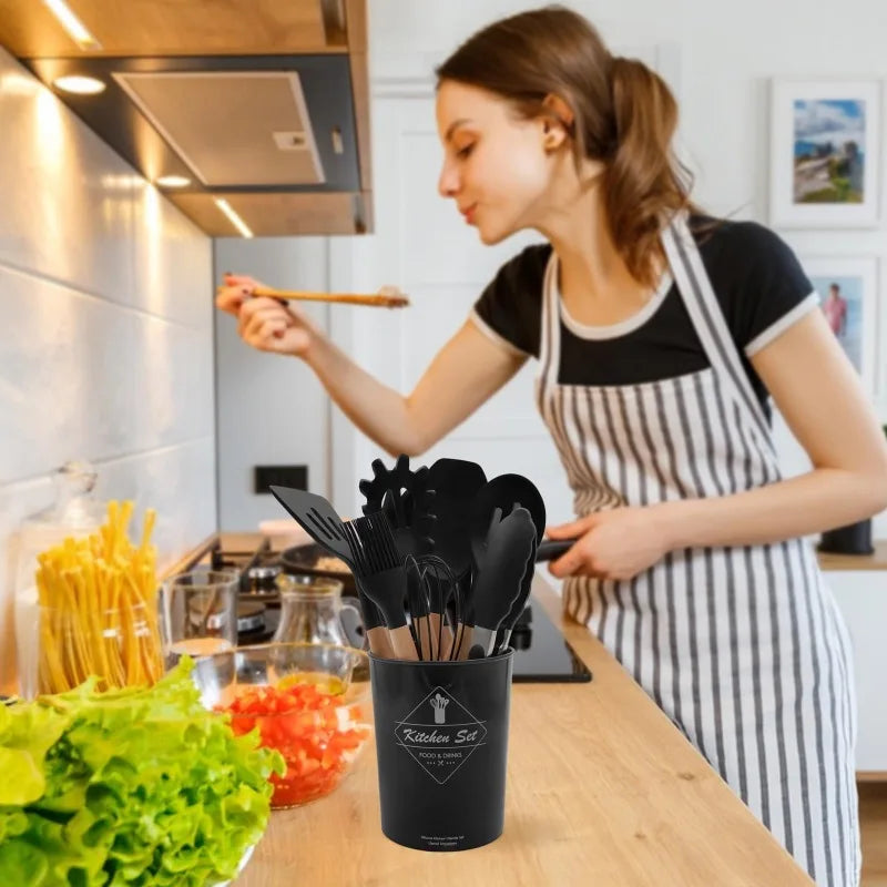 12 Silicone Kitchen Utensils with Solid Wood Handles, and a Holder Bucket - Multiple Color Options
