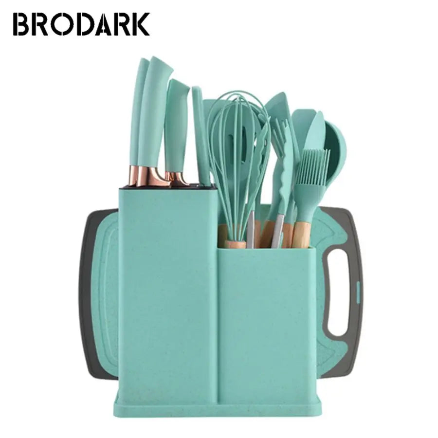 19 piece Silicone Kitchenware Set: Cooking Spoon, Shovel, Cutting Board, Fruit Knife, Chef Knife, Combination Set